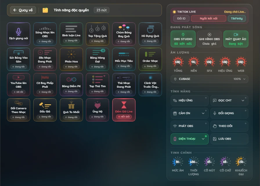 LiveDima' control board: 23 built-in live features and the live control column