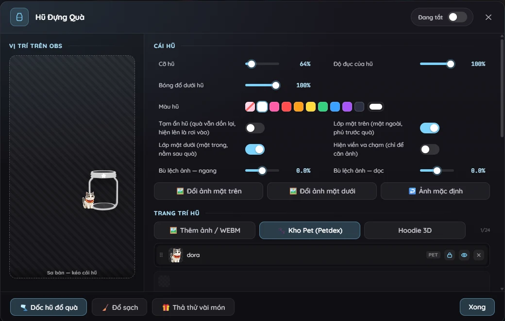 LiveDima' Gift Jar settings panel with OBS stage preview